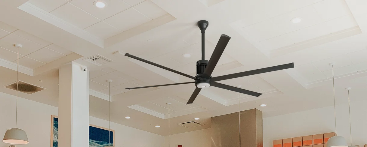 Dining area with black large ceiling fan
