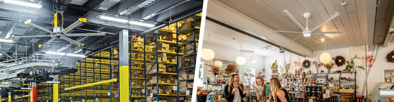 A split view of two ceilings, one in a warehouse and the other in a retail space. Both scenes feature versatile overhead ceiling fans by Big Ass Fans.