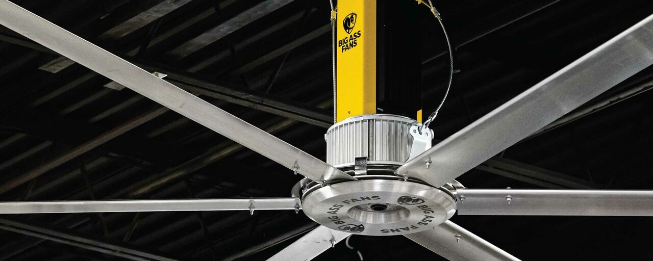 A close-up view of a large ceiling for warehouses made by leading manufacturer Big Ass Fans.