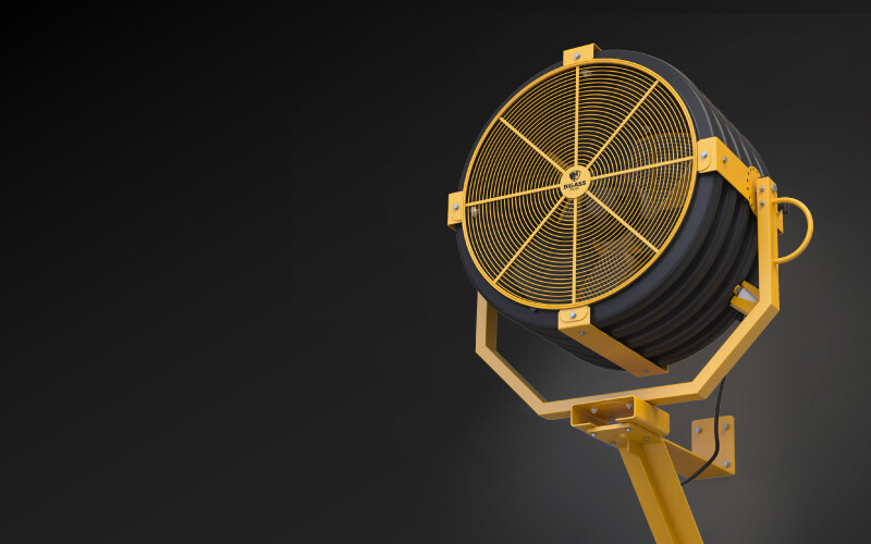 Product image of Big Ass Fans' Yellow Jacket Outdoor Wall Mount Fan, featuring durability and customization options.